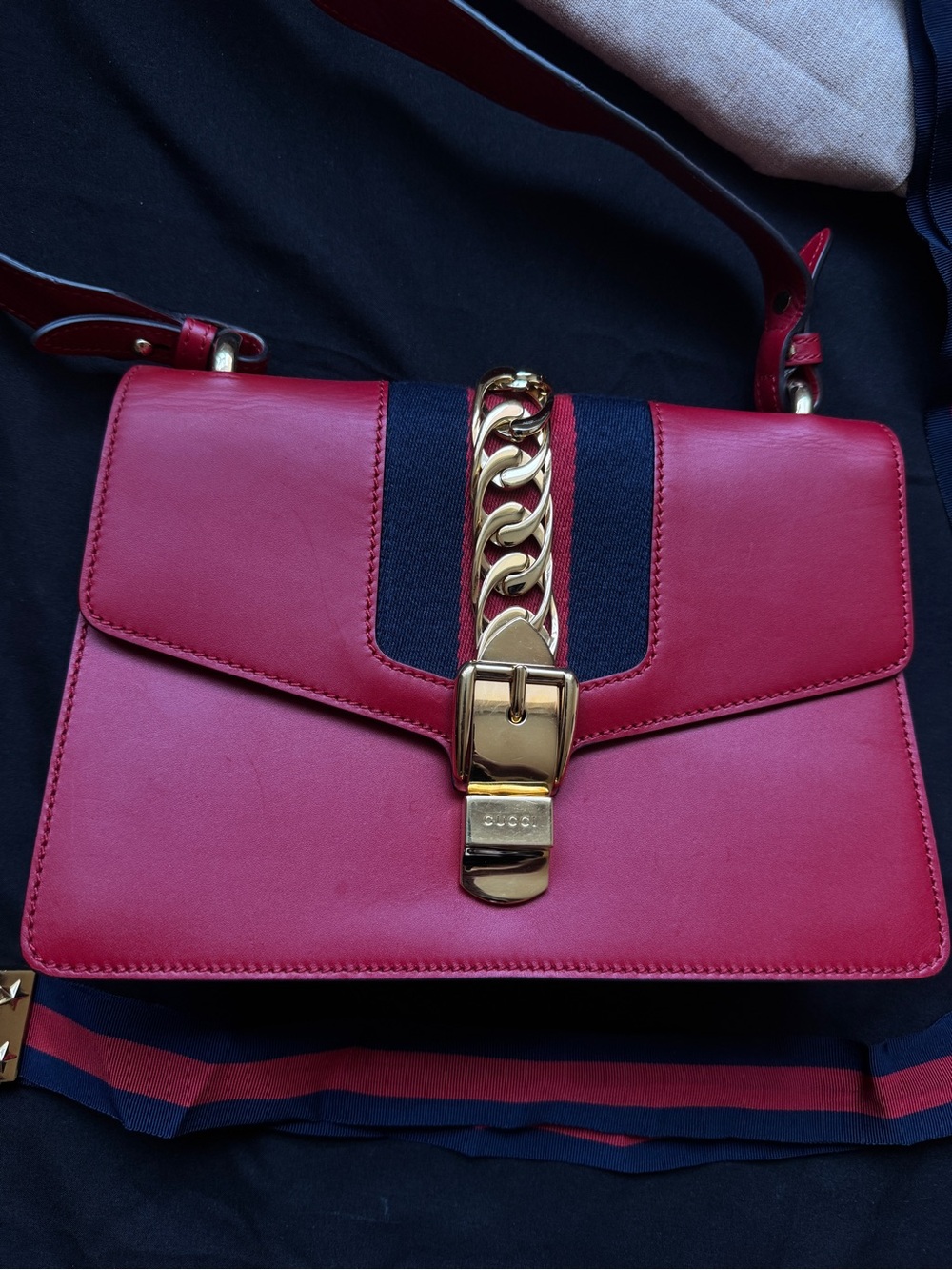 Gucci Sylvie Red Medium Leather Chain-Accent Crossbody Bag with Navy Stripe - Picture 3 of 14